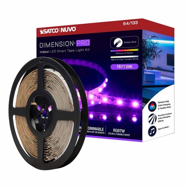 Nuvo Dimension Pro Tape Light Strip - 16 ft. RGB + Tunable White - J-Box - Starfish IOT - IR Remote 64/133